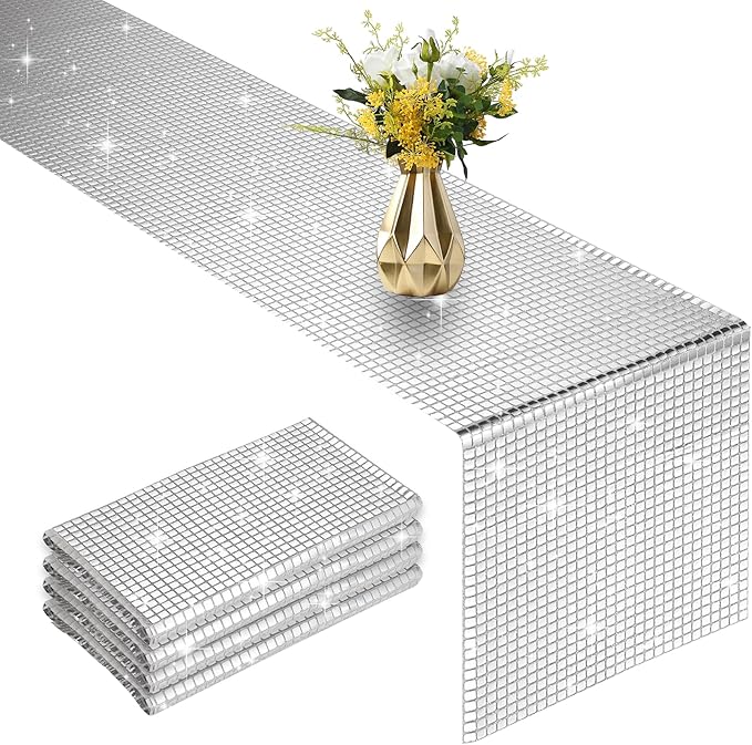 4 Packs Glitter Disco Party Table Runner 12 x 108 Inches Mirror Silver Foil by Vehipa