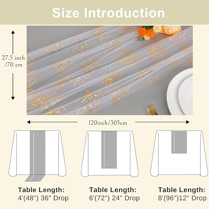 Snowkingdom Fall Table Runner, 10ft Gold Maple Leaves Gauze Chiffon Table - Image 4
