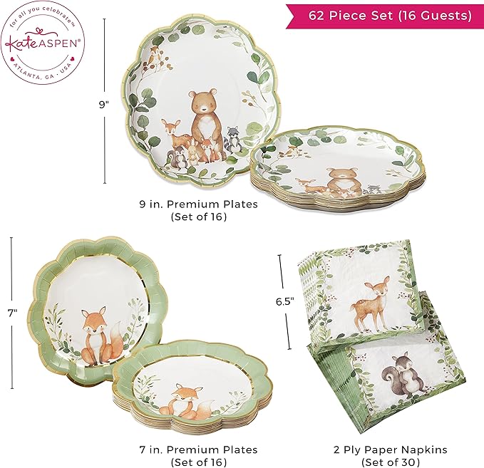 Kate Aspen Woodland Baby Shower Decorations, 62-Piece Disposable Paper Plates & - Image 9