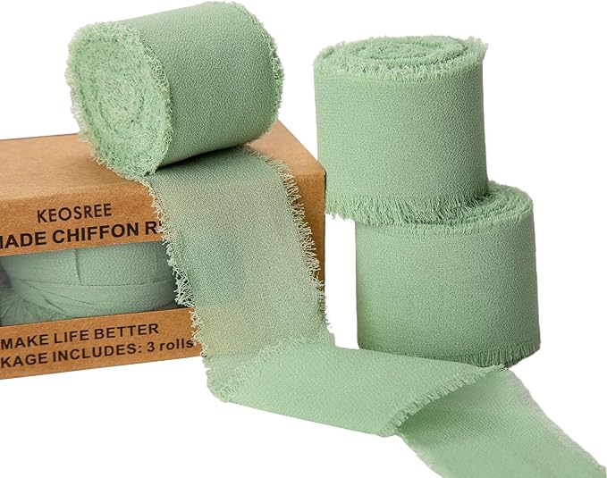 3 Rolls Sage Green Handmade Chiffon Ribbon, 1.5" x 21Yd Frayed Fringe Silk by KEOSREE