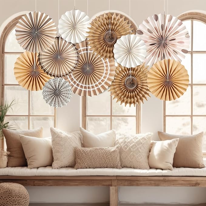Boho Hanging Paper Fans White Brown Champagne Party Decorations Neutral Rustic - Image 4