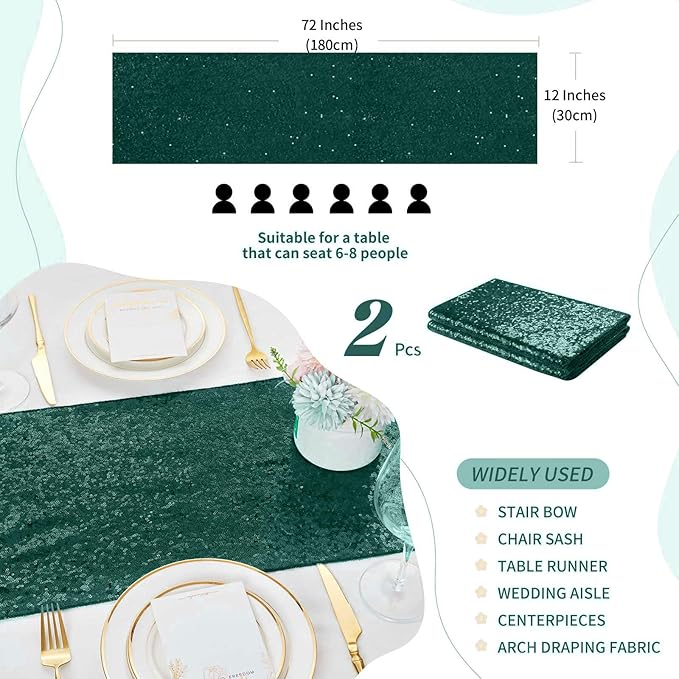 Sequin Table Runners 2 Pieces Emerald Green Table Runners 12x72 Inch Glitter - Image 2