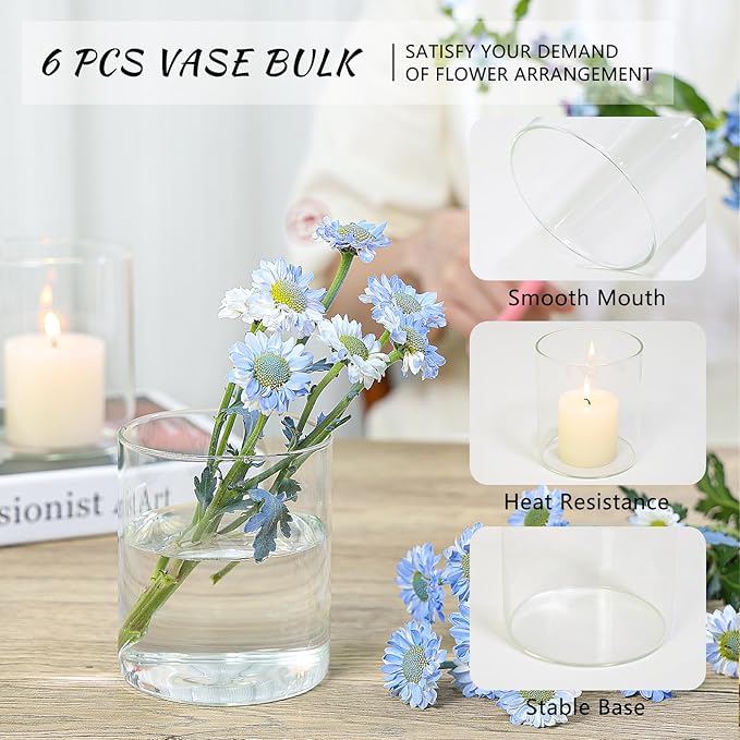 Glass Cylinder Vase Set of 6 for Centerpieces, 5 Inch Short Clear Flower Vases - Image 3