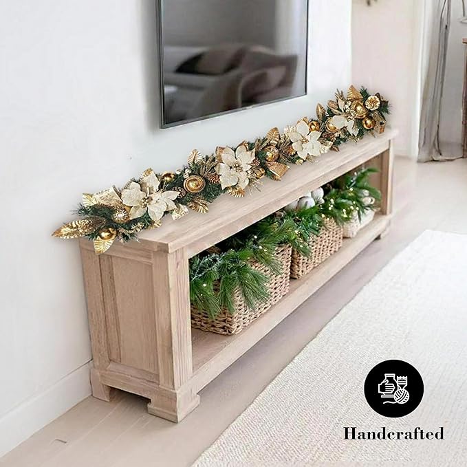 Holiday Tree White Gold Poinsettia Garland 5 Ft – Luxurious Christmas Garland - Image 7