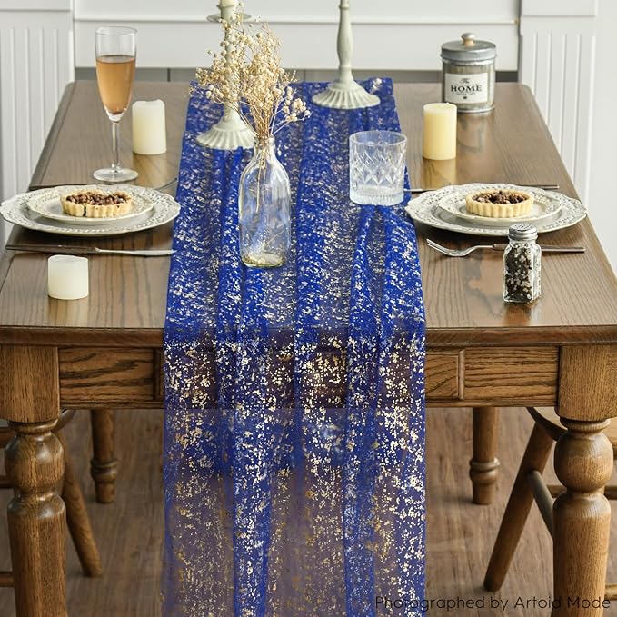 Artoid Mode 3PCS Blue Gold Gauze Table Runner 120 Inch 10FT, Glitter Metallic - Image 2