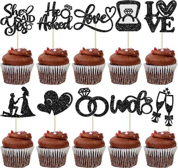 Ephlyn 30Pcs He Asked She Said Yes Cupcake Toppers Glitter Engagement Cupcake by Ephlyn
