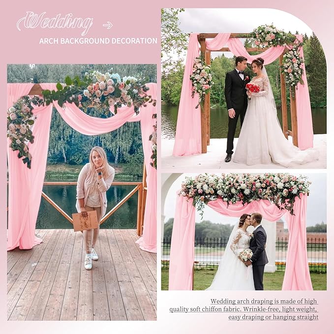 Wedding Arch Draping Fabric, 4 Panels 28" x20ft Pink Sheer Chiffon Curtain - Image 7
