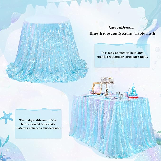 QueenDream Mermaid Blue Tablecloth 90x156 Inches Rectangle Tablecloths Sequin - Image 2