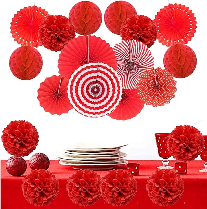 Hanging Paper Fan Set, Tissue Paper Pom Poms Flower Fan and Honeycomb Balls - Image 4