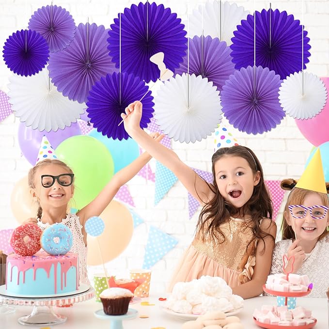 24 Pcs Purple and White Paper Fans Purple Party Decorations Classroom Decor - Image 6