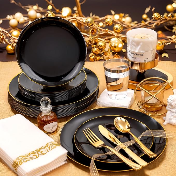 Supernal 350pcs Black & Gold Plastic Dinnerware Set, Elegant Black Plates - Image 5