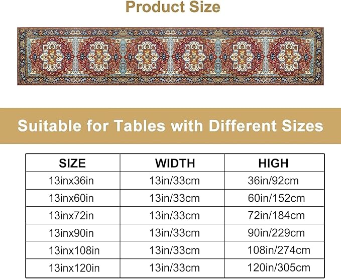 Vintage Boho Floral Table Runner, Rustic Country Farmhouse Red Blue Gold Retro - Image 2