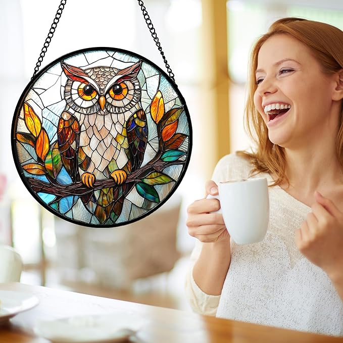 Stained Glass Window Hanging, Owl Colorful Leaves Birds Sun Catchers Diamond - Image 2