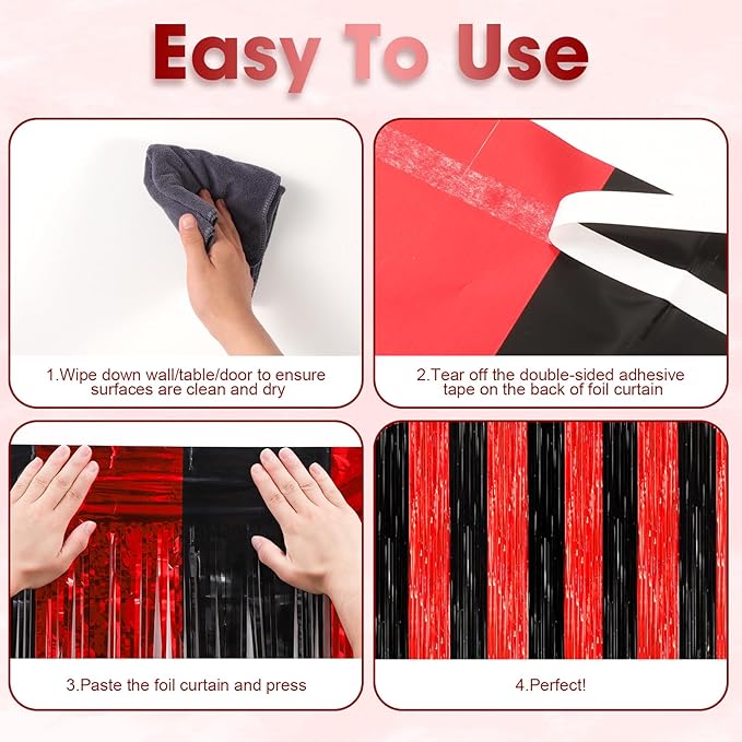 2 Pack Red and Black Tinsel Foil Fringe Curtains, Metallic Tinsel Party - Image 4