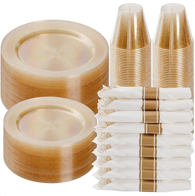 Goodluck 350 Piece Gold Glitter Plastic Dinnerware Set by GoodLuck