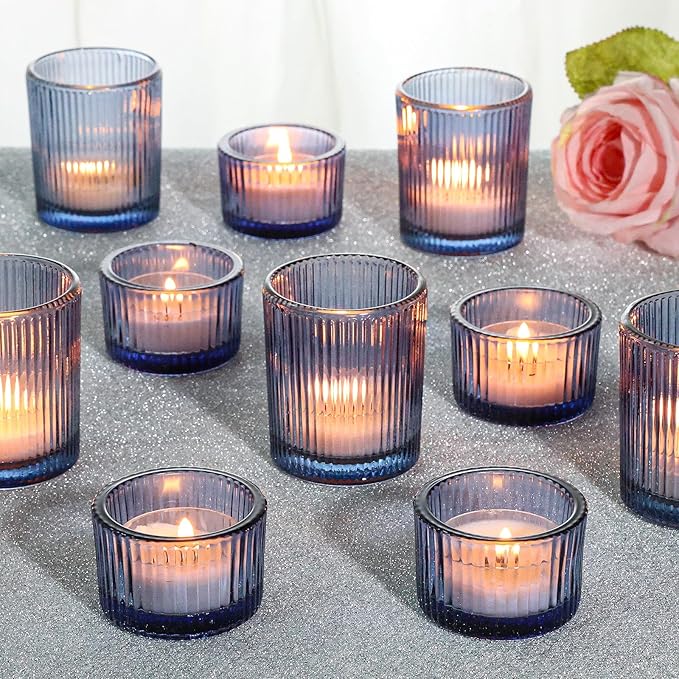 24 Pcs Ribbed Votive Candle Holders, Dark Blue Glass Holders Bulk by SUPMIND
