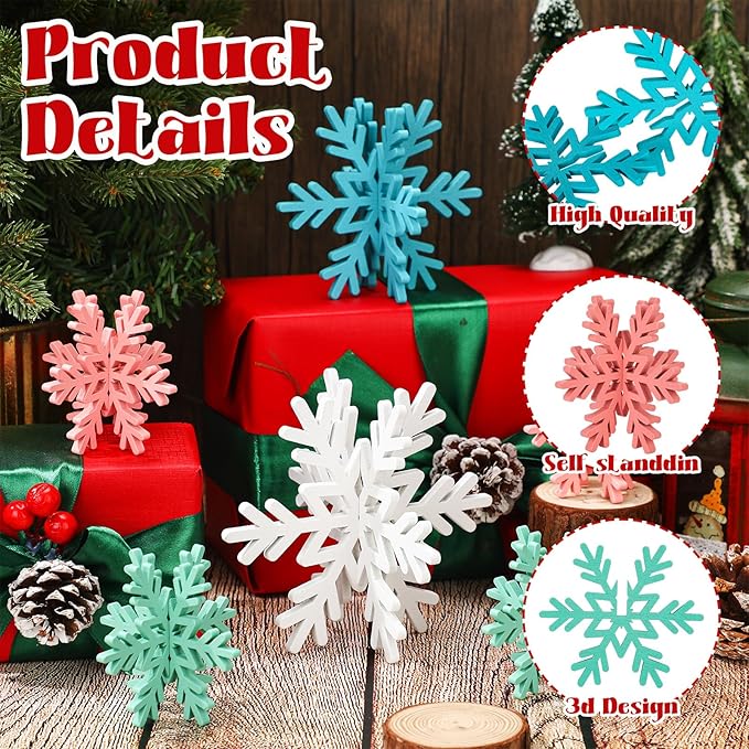 Bucherry 12 Pcs Wooden Snowflake Table Decor 3D Snowflake Tabletop Signs and - Image 4