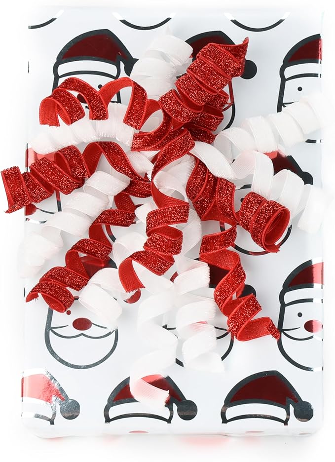 6" Metallic Glitter Red and White Self Adhesive Curly Ribbon Gift Wrap Bows - Image 5
