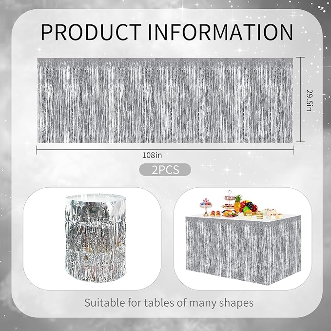 BEISHIDA 2 Pack Silver Table Skirts Party Decorations Metallic Tinsel Foil - Image 2