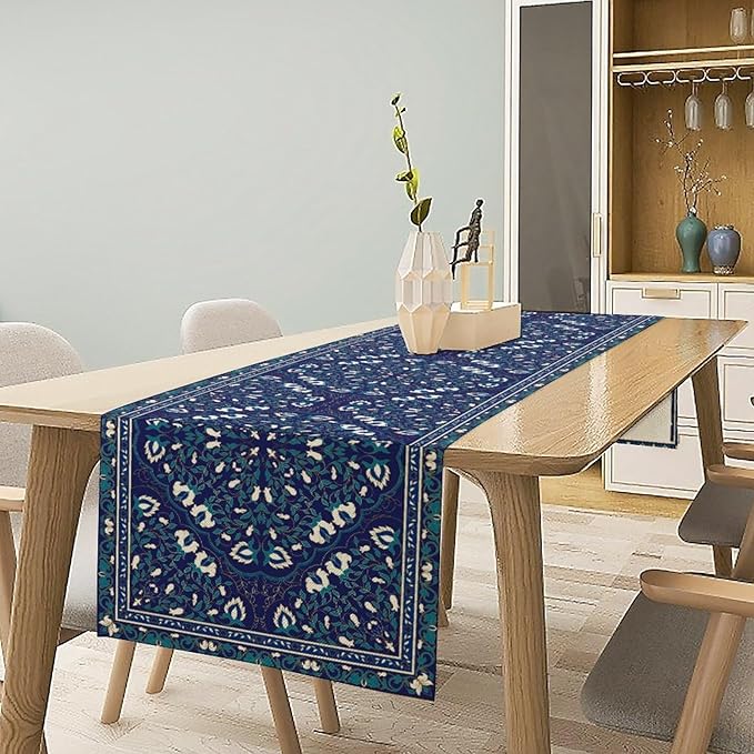 Boho Floral Vintage Table Runner, Retro Morris Abstract Blue Flower Rustic - Image 2