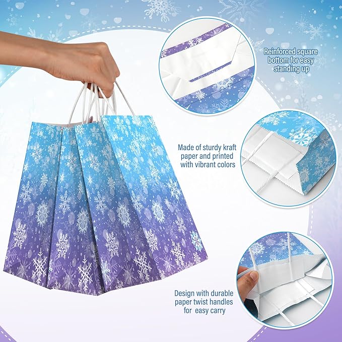 24 Pcs Winter Snowflake Gift Bags, Holiday Kraft Paper Party Favor Bags - Image 3