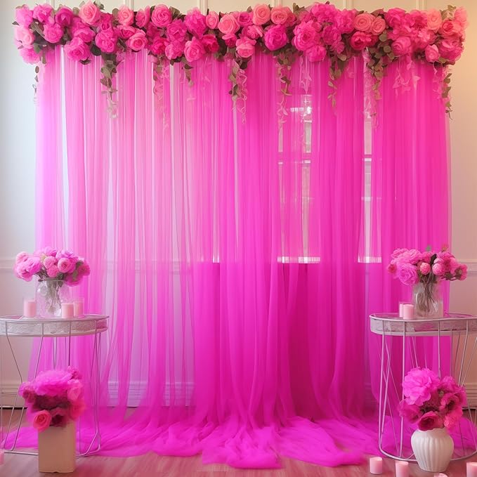 20x10 Hot Pink Tulle Backdrop Curtains - Image 2