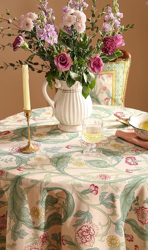 patdrea Designer Vintage Green Round Tablecloth, Linen Leaves Floral Pattern - Image 5