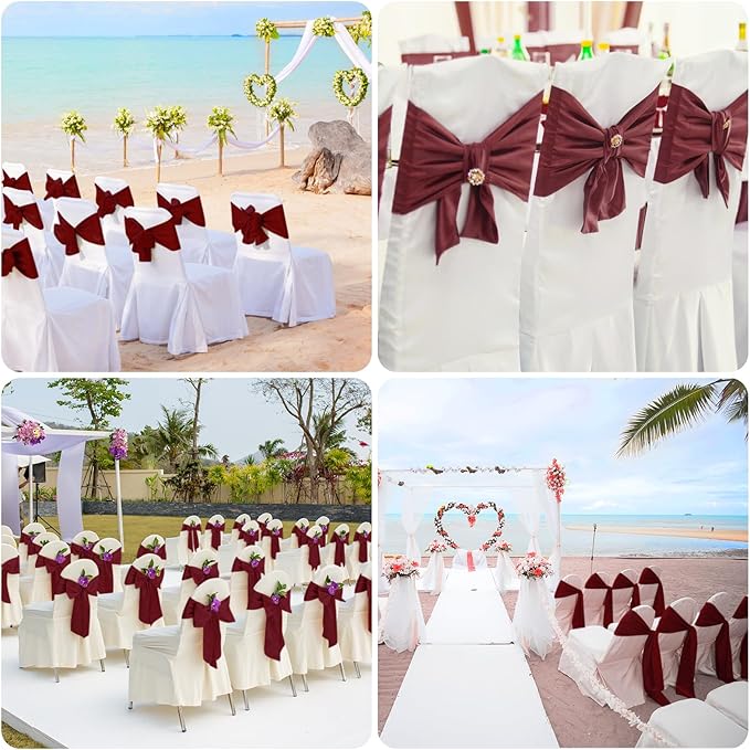 10 PCS Burgundy Satin Chair Sashes Bows Universal Chair Ribbon Ties Back Sash - Image 7