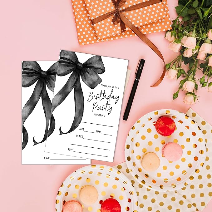 SIXEIGHT Black Bow Birthday Invitations, 20 Party Invitations - Image 4