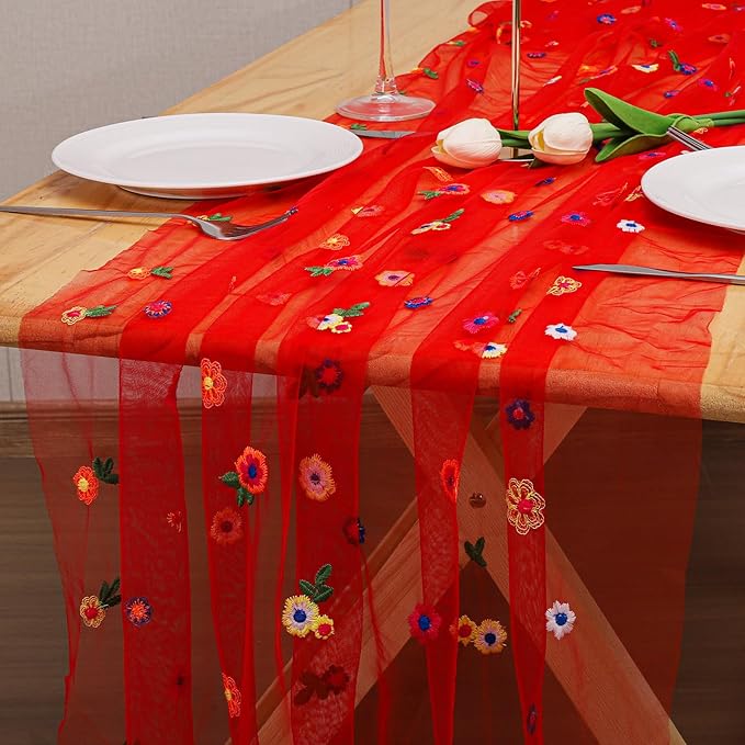 BINBE 12pcs Daisy Fall Table Runner Embroidery Gauze 10FT Florals Seasonal - Image 5