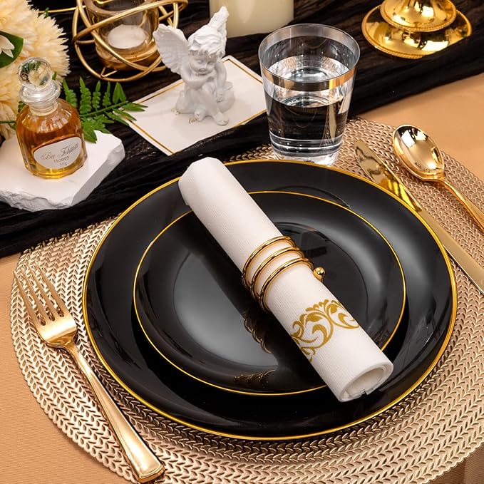 Supernal 350pcs Black & Gold Plastic Dinnerware Set, Elegant Black Plates - Image 8