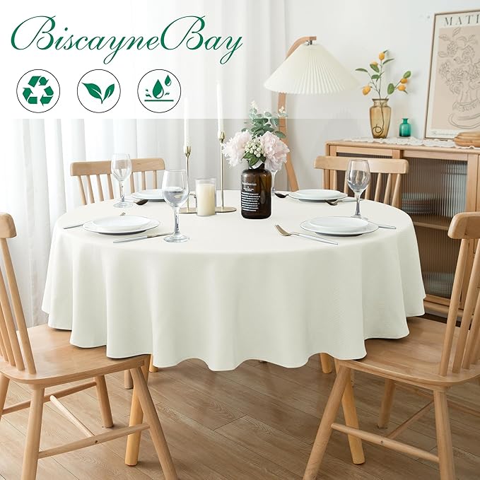 Biscaynebay Textured Fabric Tablecloths Round 60", Ivory Water Resistant Table - Image 2