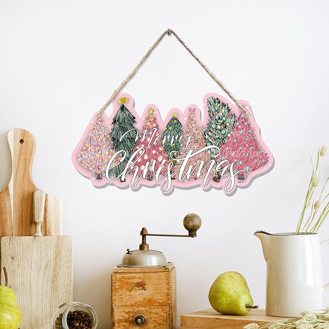 CGBHW Pink and Green Christmas Tree Wooden Sign, Merry Christmas Decoration - Image 3