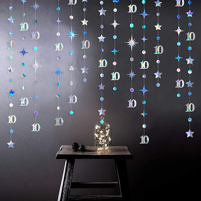 Iridescent 10th Birthday Decorations Number 10 Circle Dot Twinkle Star Garland - Image 5