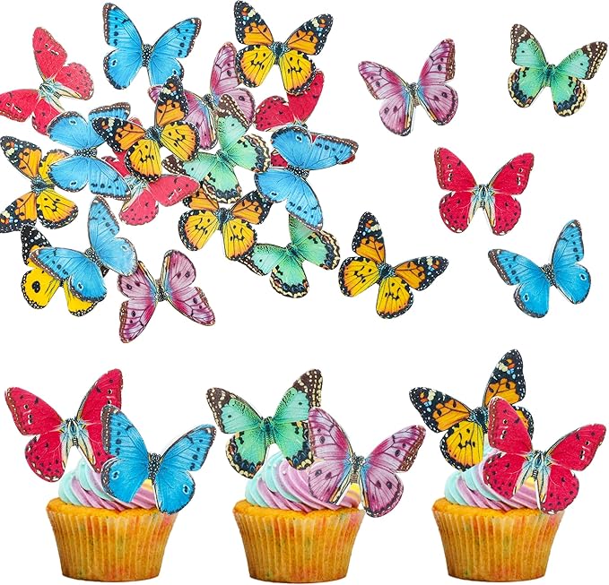 Ephlyn 48Pcs Edible Butterfly Cupcake Toppers 3D Mixed Color Cake Picks 3D by Ephlyn