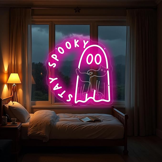 Halloween Ghost holding a cat Stay Spooky Neon Sign, Funny Halloween Party Wall - Image 5