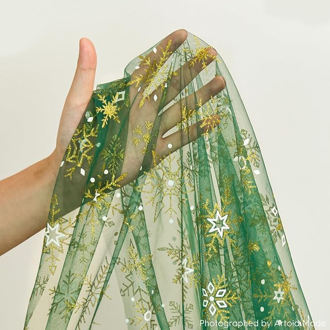Artoid Mode Green Gold Snowflakes Christmas Gauze Table Runner 120 Inch 10FT - Image 6