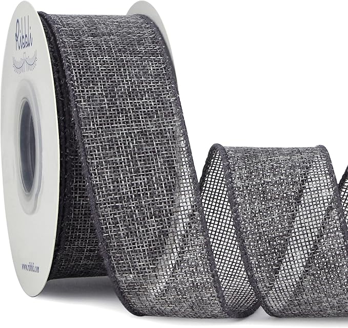 Ribbli Grey Burlap Wired Ribbon, 1-1/2 Inch x 10 Yard, Solid Wired Edge Ribbon by Ribbli