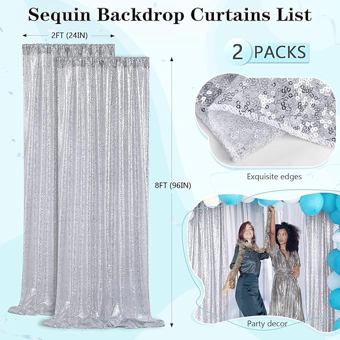 Silver Sequin Backdrop 2 Panels 2FTx8FT Christmas Party Backdrop Curtains - Image 4
