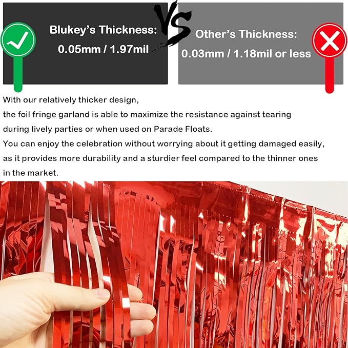 Thick 10 Feet by 15 Inch Red Foil Fringe Garland - Image 2