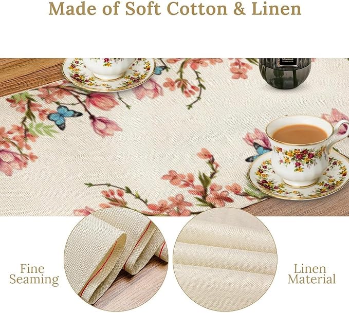 Spring Floral Bird Table Runner, Watercolor Pink Flower Plants Nature Butterfly - Image 5