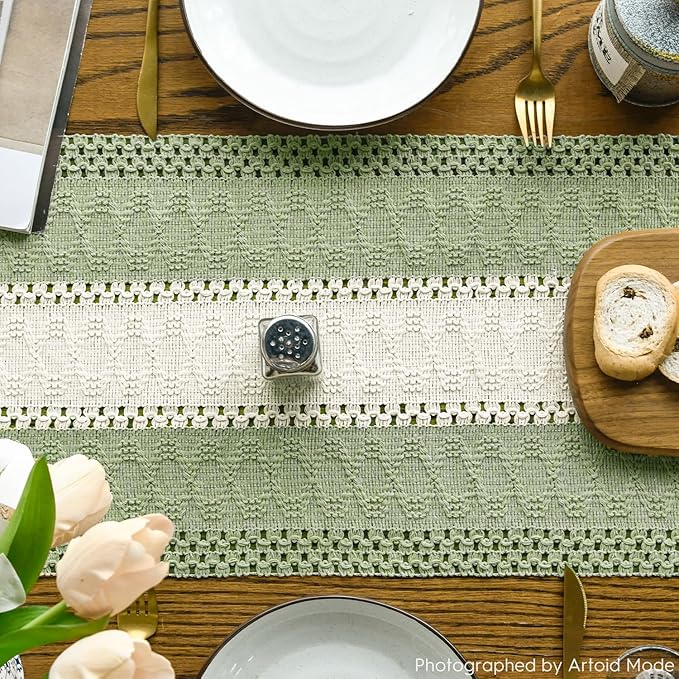 Artoid Mode Light Green Farmhouse Rustic Table Runner, Seasonal Hollow Kitchen - Image 3