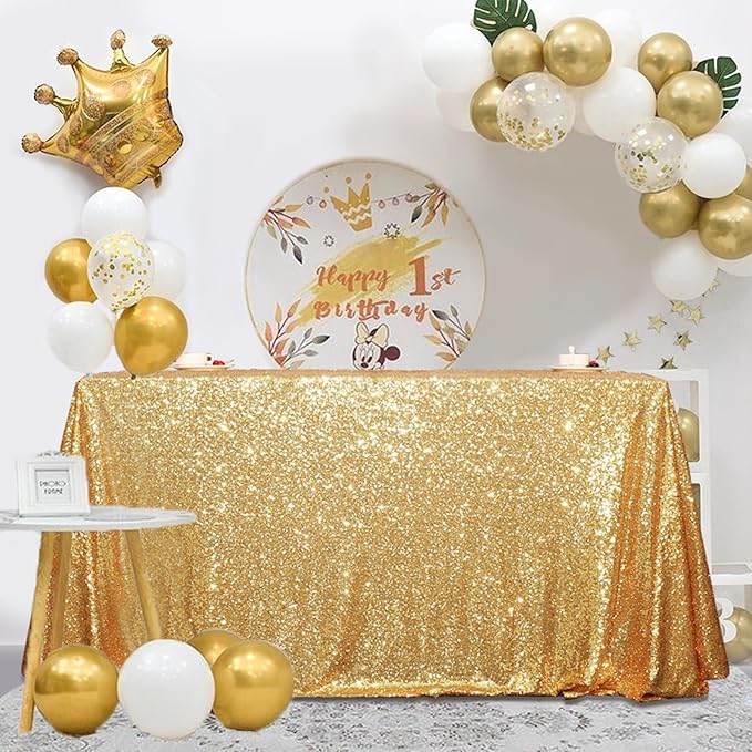 SquarePie Sequin Tablecloth 90 x 132 Inch Gold Sparkly Table Cloth - Image 3