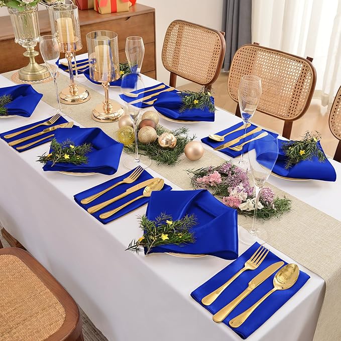 12 Pieces Royal Blue Satin Napkins, Silky Soft Smooth Washable Napkins - Image 3