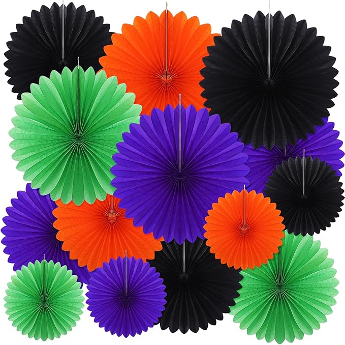 MotiMind 24 Pcs Halloween Paper Fans Party Decorations Black Orange Purple by MotiMind