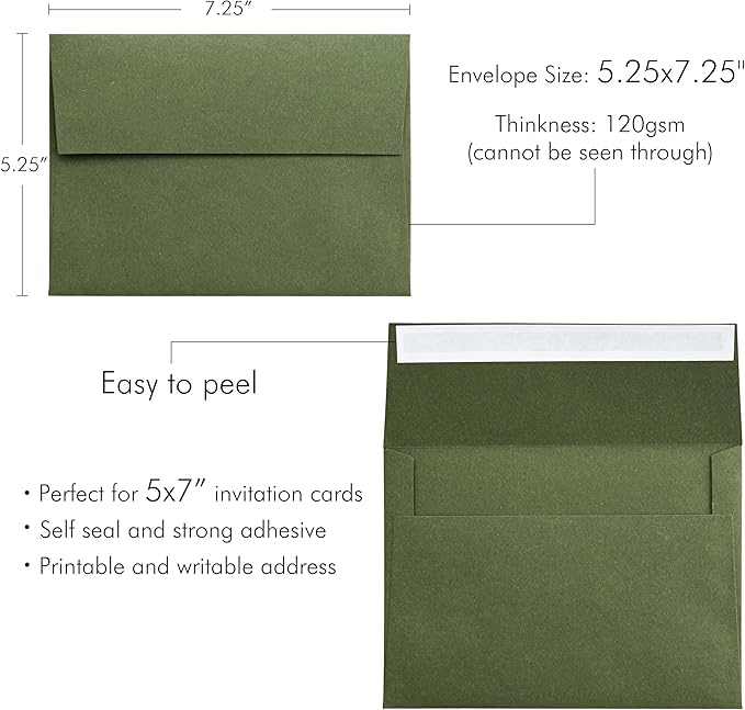PONATIA 50 PCS 5x7 Envelopes, Olive Green Self- Adhesive A7 Envelopes - Image 4