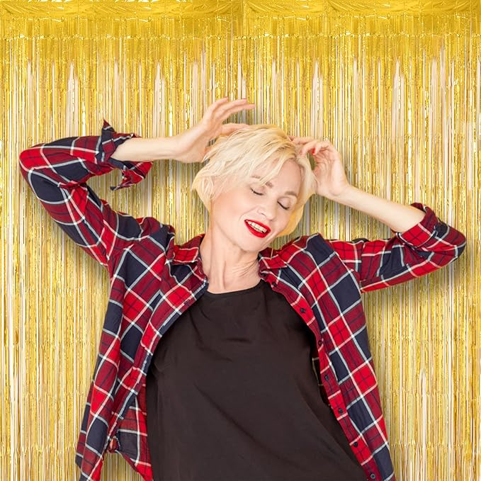 2 Pack Laser Gold Tinsel Foil Fringe Curtains, Metallic Tinsel Party Streamers - Image 6
