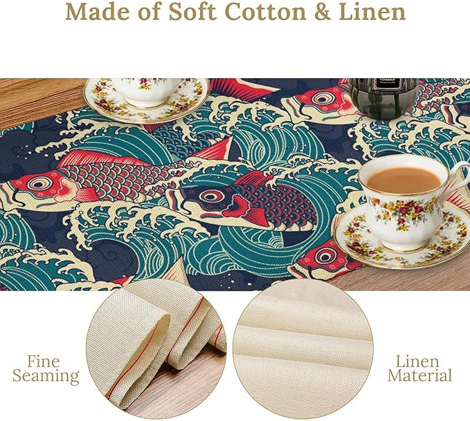 Kio Fish Table Runner Waves Japanese Tradition Art Printed Burlap Runner Home - Image 4