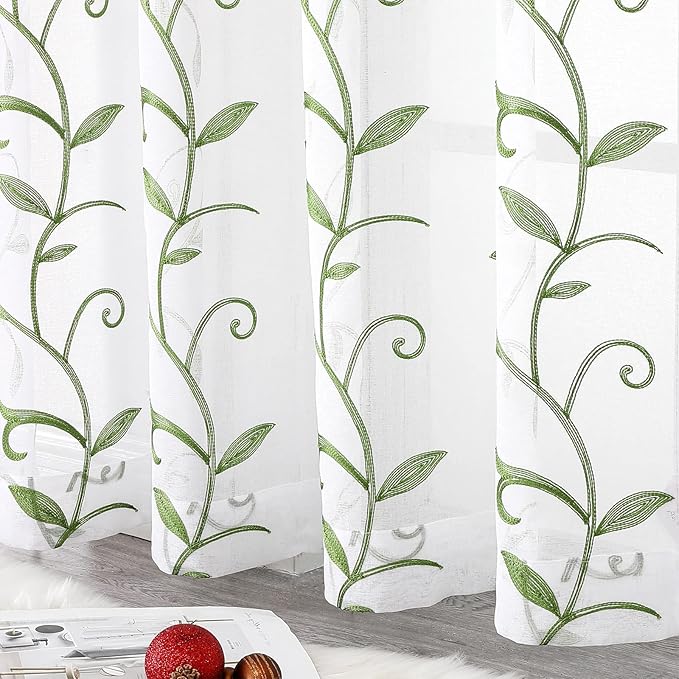 VISIONTEX Embroidered Green Sheer Voile Curtains, Leaves Embroidery Faux Linen - Image 8