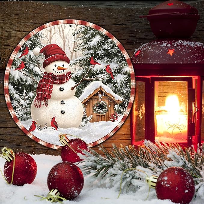 Round Christmas Metal Signs Vintage Snowman and Red Birds Tin Sign Metal Poster - Image 5